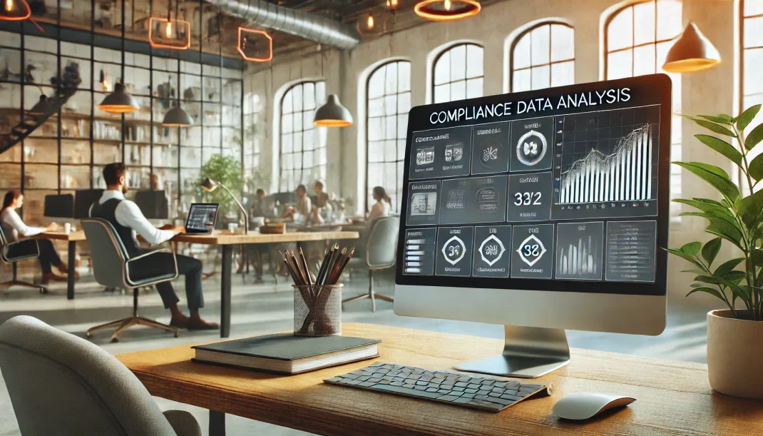 Compliance-Kosten senken: Bild eines modernen Büros mit einem Computer, der ein Compliance-Daten-Dashboard anzeigt