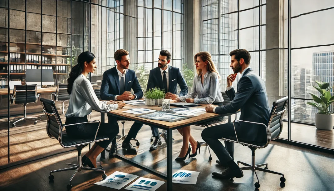 eine hyperrealistische 4K-Darstellung eines Meetings in einem modernen Büro. Die Szene zeigt eine diverse Gruppe von fünf Fachleuten, die an einem Tisch sitzen und ernsthaft über Dokumente und Berichte diskutieren. Der Hintergrund besteht aus großen Fenstern, die viel natürliches Licht hereinlassen, und das Büro ist mit modernen Möbeln und grünen Pflanzen ausgestattet.