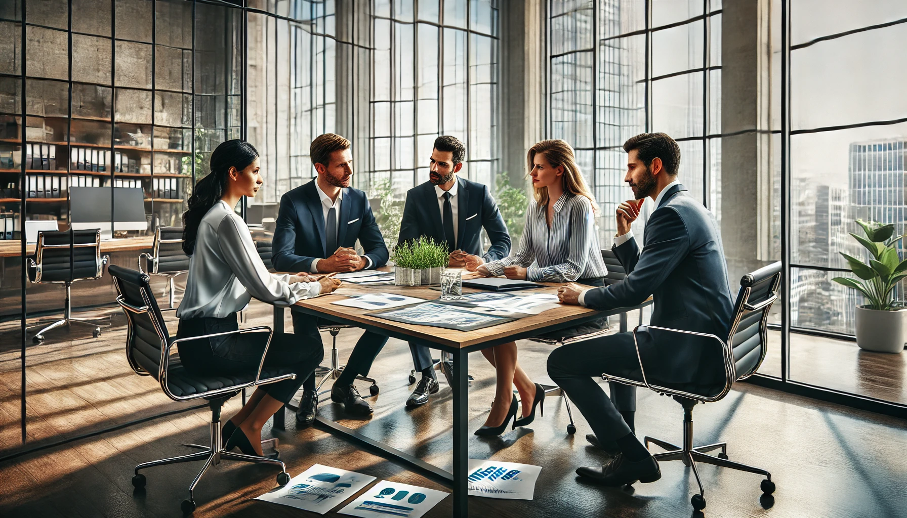 eine hyperrealistische 4K-Darstellung eines Meetings in einem modernen Büro. Die Szene zeigt eine diverse Gruppe von fünf Fachleuten, die an einem Tisch sitzen und ernsthaft über Dokumente und Berichte diskutieren. Der Hintergrund besteht aus großen Fenstern, die viel natürliches Licht hereinlassen, und das Büro ist mit modernen Möbeln und grünen Pflanzen ausgestattet.